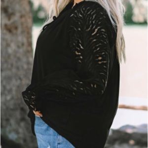 Black plus size zebra mesh sleeve blouse